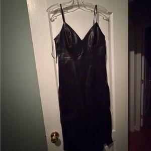 Calvin Klein Elegant Black Spaghetti Strap Leather MIDI Dress